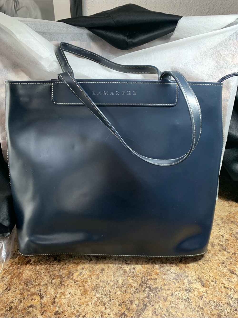 Vintage  Lamarthe Navy Leather Tote with Double Shoulder Straps Made In Italy